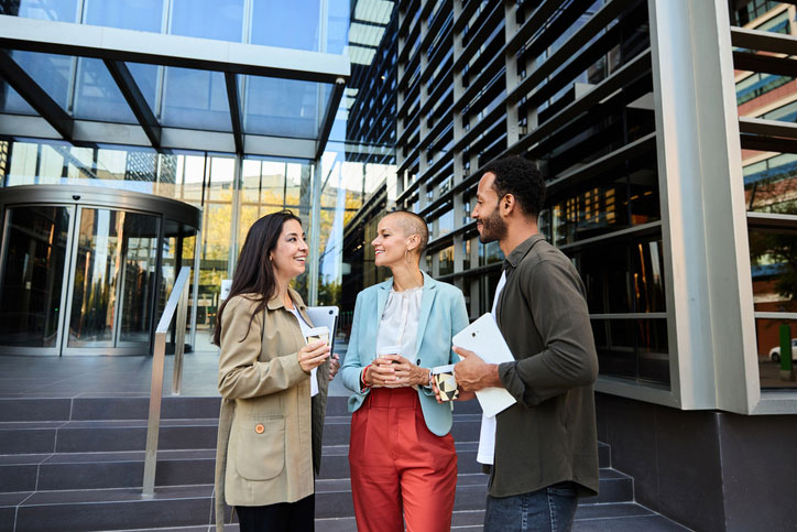 casual meeting outside building