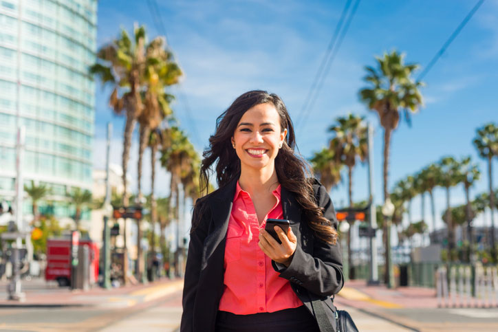 business woman walking in downtown san diego